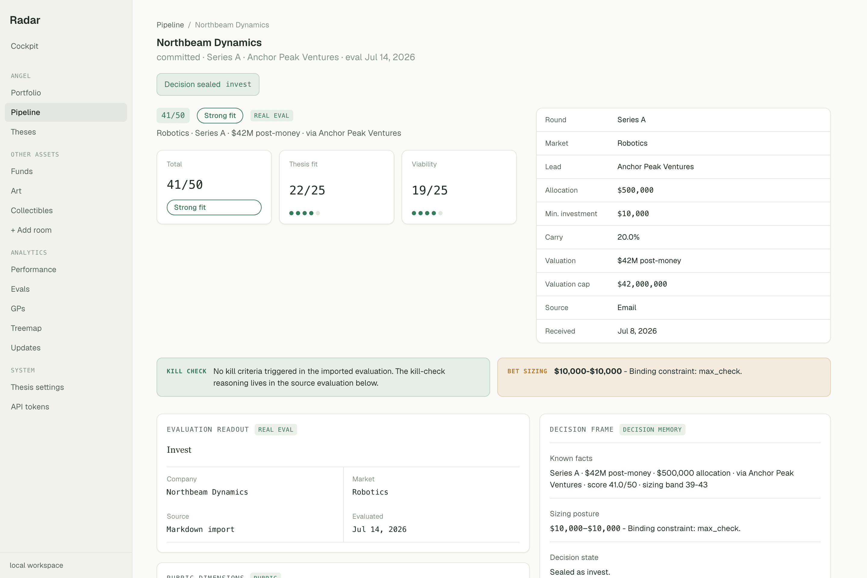 A graded deal in Radar — rubric score, thesis fit, dossier, kill check, and a sealed decision